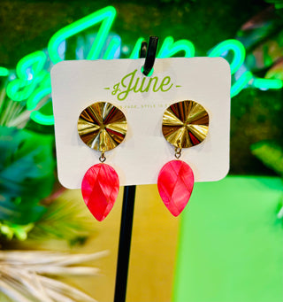 Pink Leaf and Gold Statement Earrings