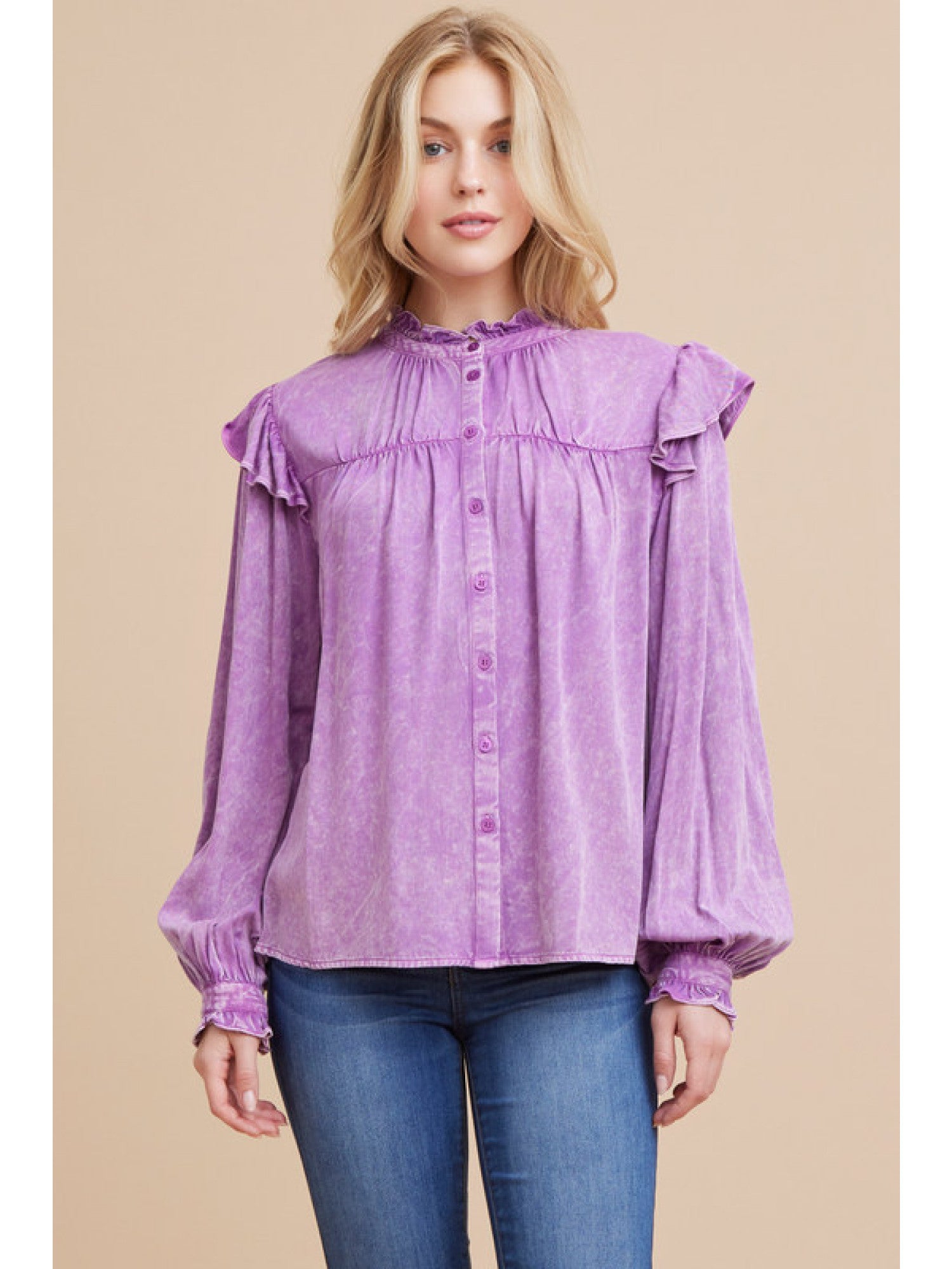 Purple Ruffled Cap Shoulder Blouse