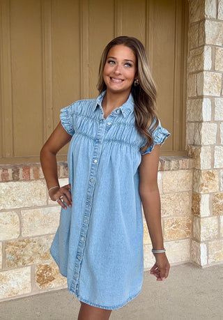 Denim Smocked Shirt Dress