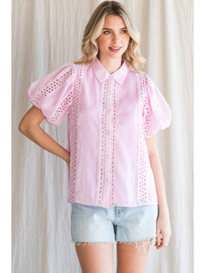 Light Pink Glossy Button-up Puffed Sleeve Blouse