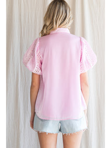 Light Pink Glossy Button-up Puffed Sleeve Blouse