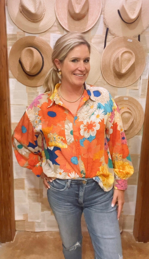 Floral Coral & Taupe Blouse