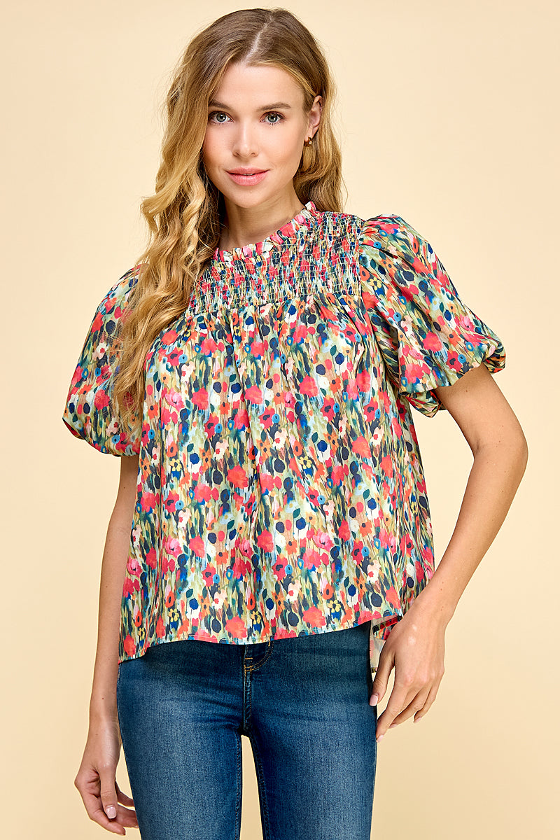 Fall Floral Print Puff Sleeve Blouse