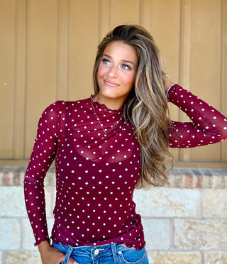 Maroon Polka Dot Mesh Top
