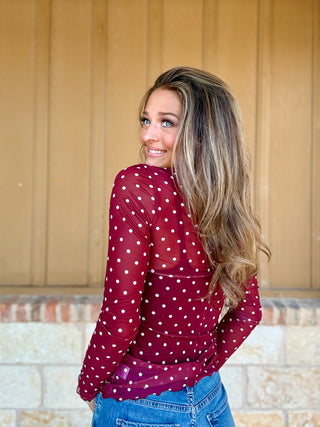 Maroon Polka Dot Mesh Top