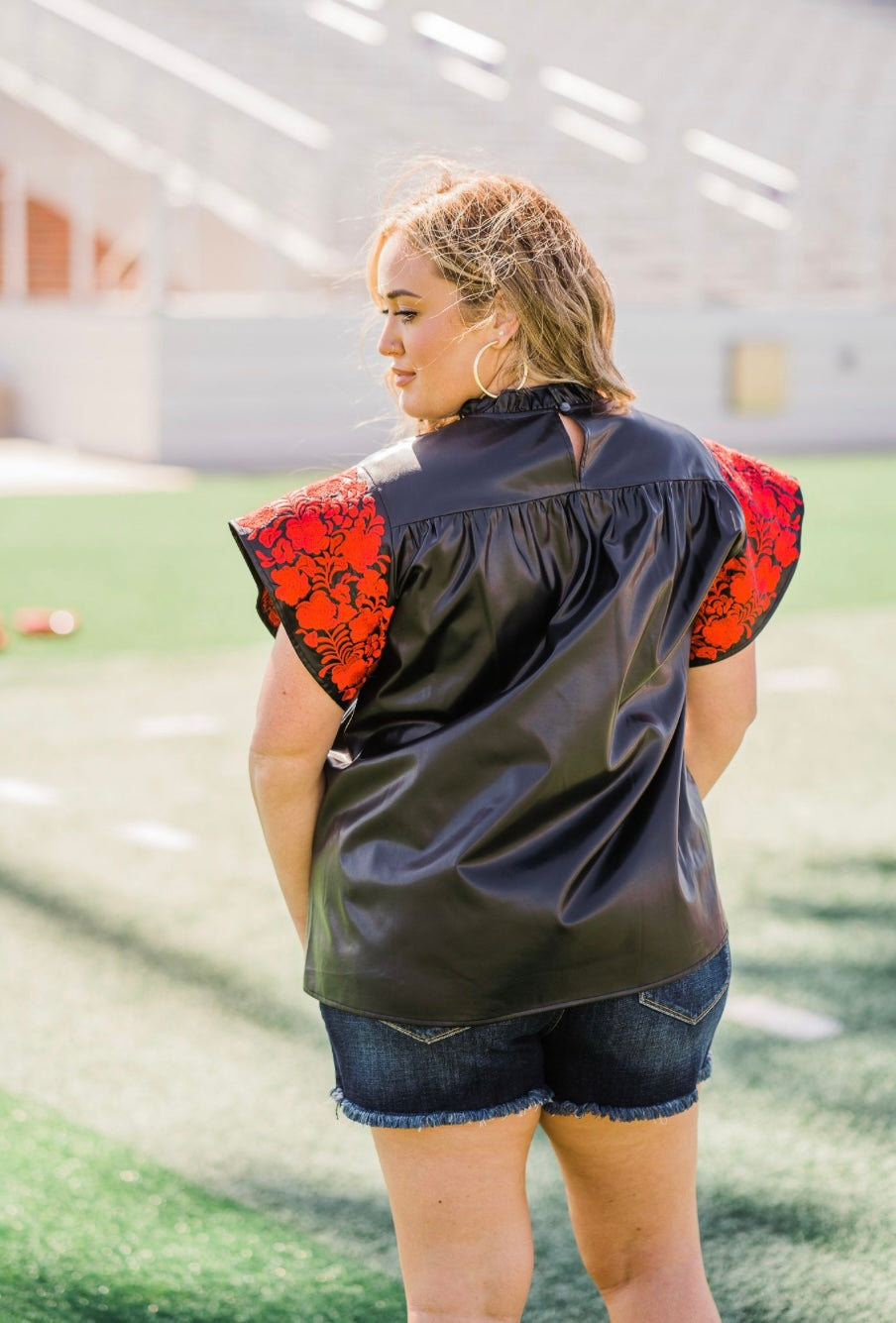 Black Leather With Red Embroidery Sleeve Blouse