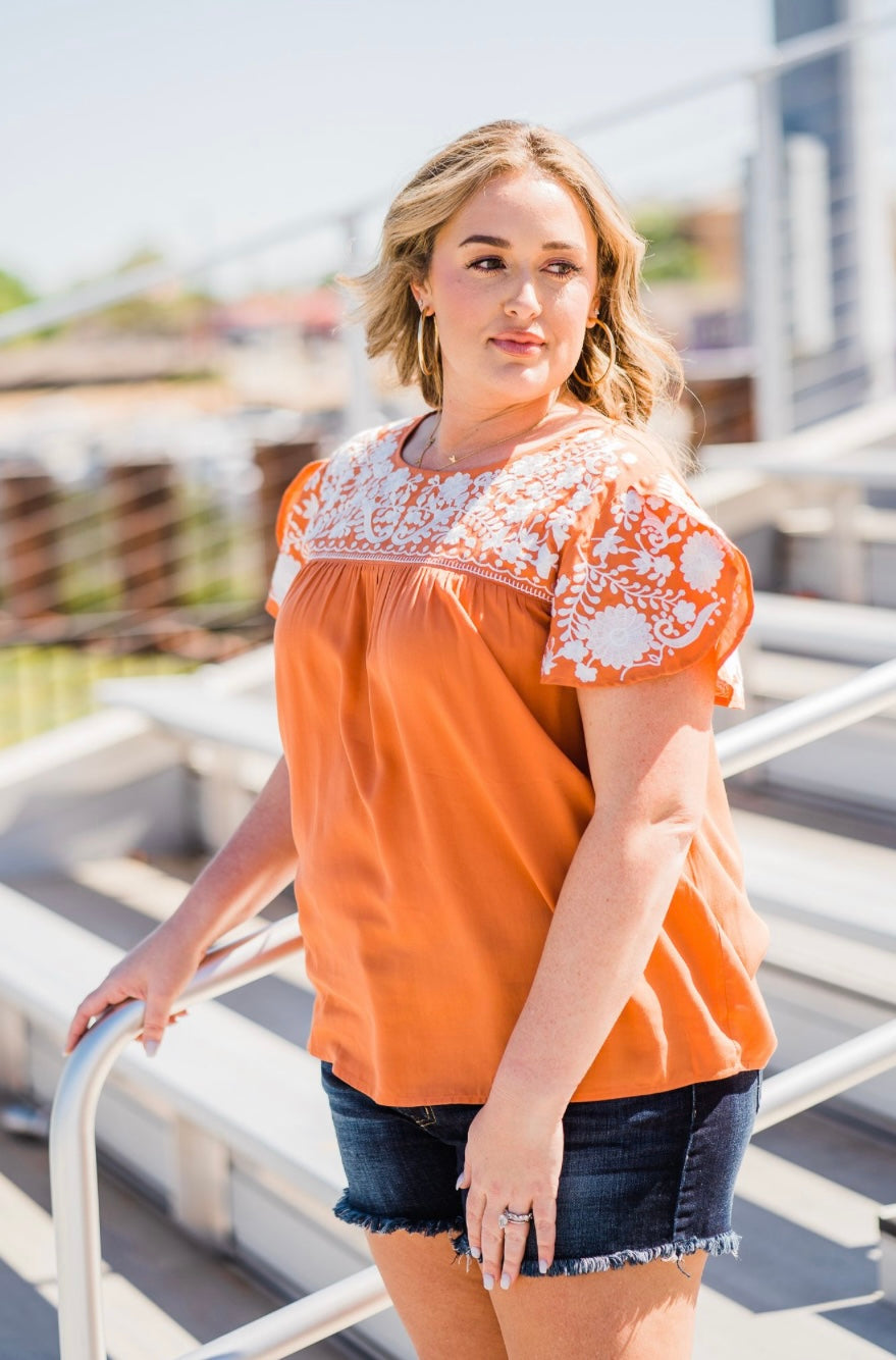 Burnt Orange With White Embroidered Sleeve Blouse