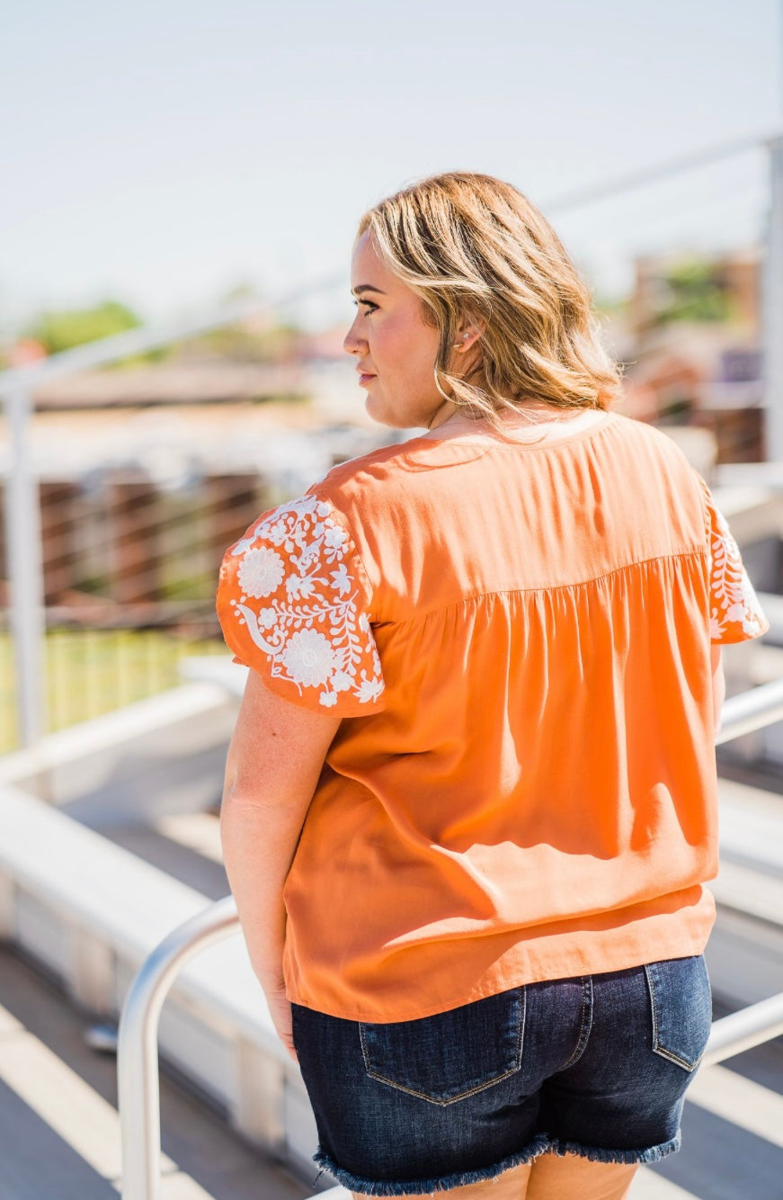 Burnt Orange With White Embroidered Sleeve Blouse