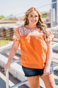 Burnt Orange With White Embroidered Sleeve Blouse