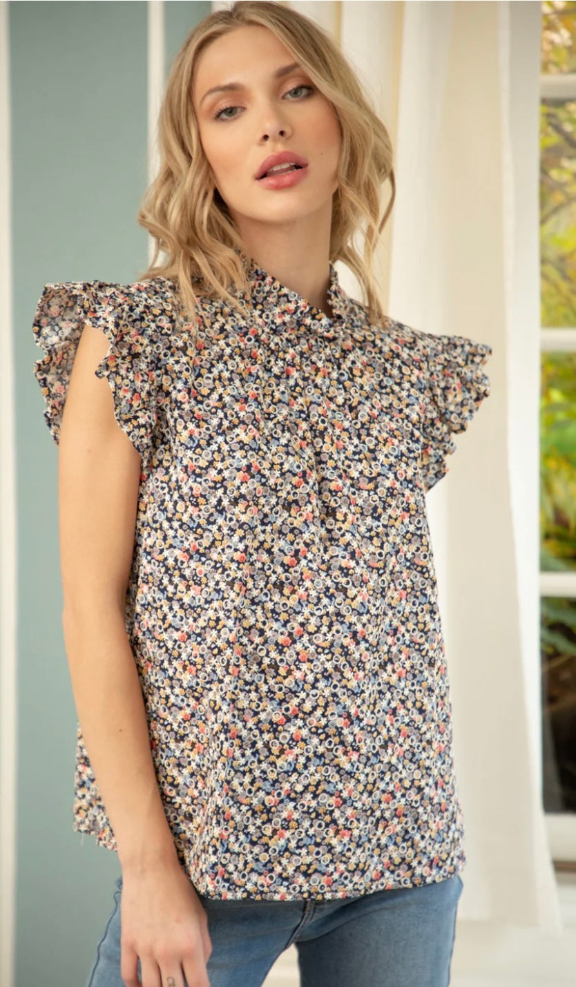 Navy Ruffle Sleeve Tie Back Blouse