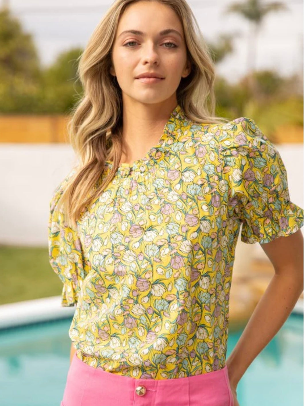 Yellow Floral Double Ruffle Neck Blouse