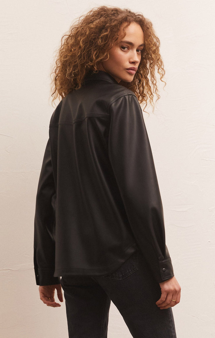 Black Faux Leather Shirt Jacket