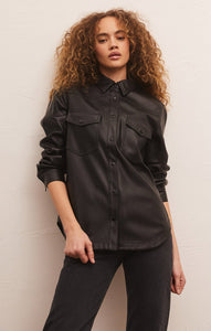 Black Faux Leather Shirt Jacket