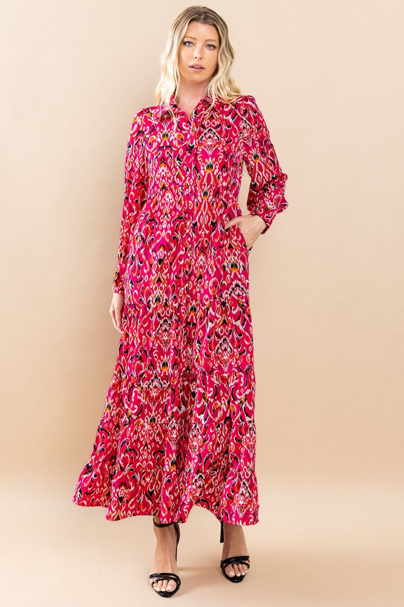 Fuchsia Midi Shirt Dress With Tiered Skirt