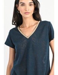 Duck Blue With Gold V-Neck Blouse