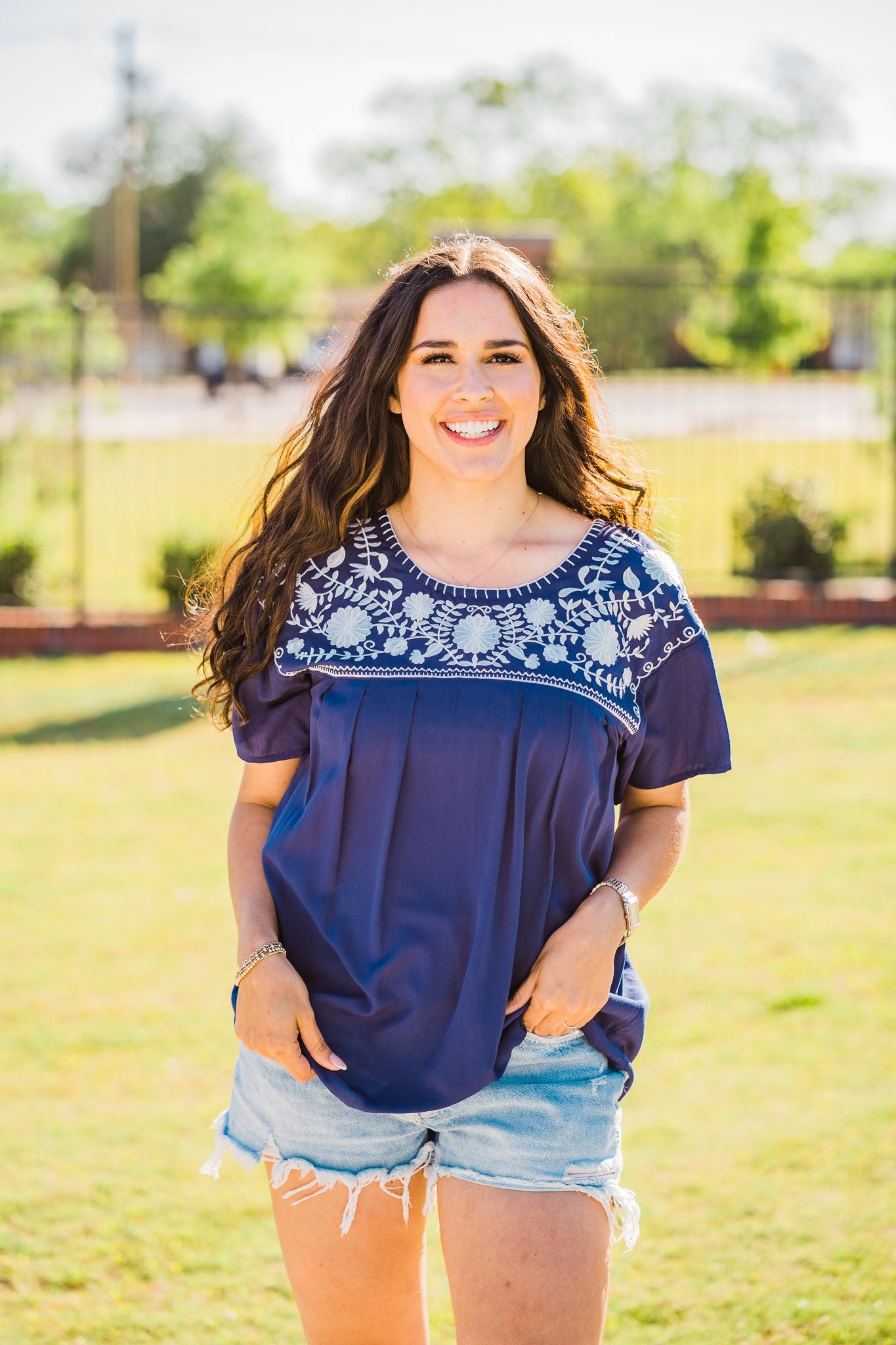 Navy & White Embroidered Blouse