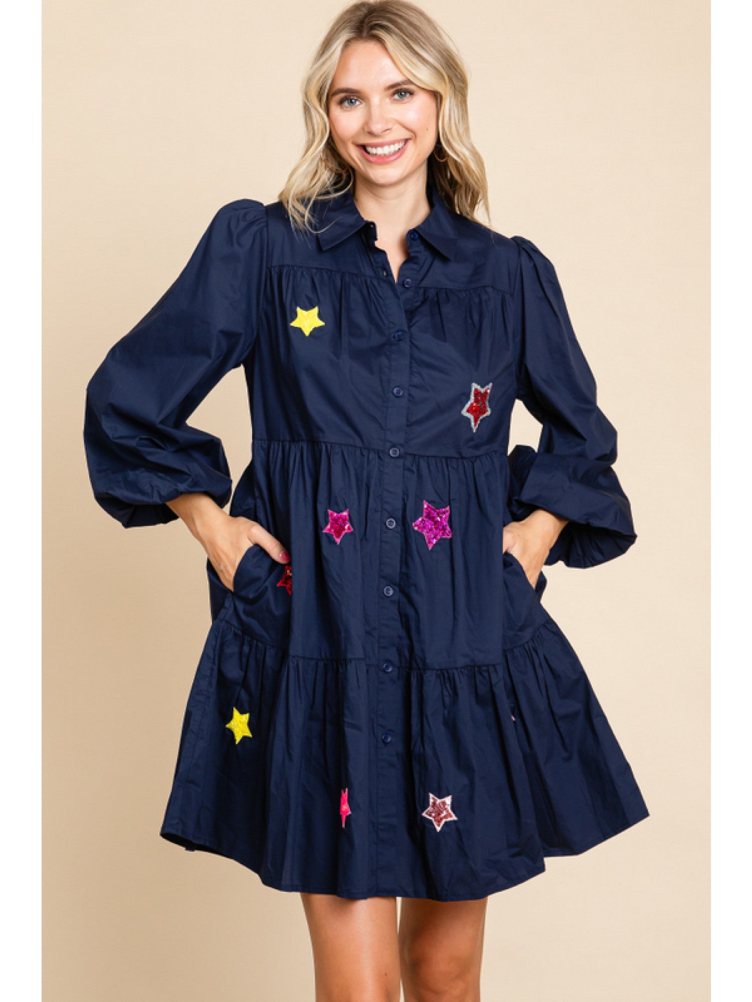 Navy Multicolored Star Tiered Dress