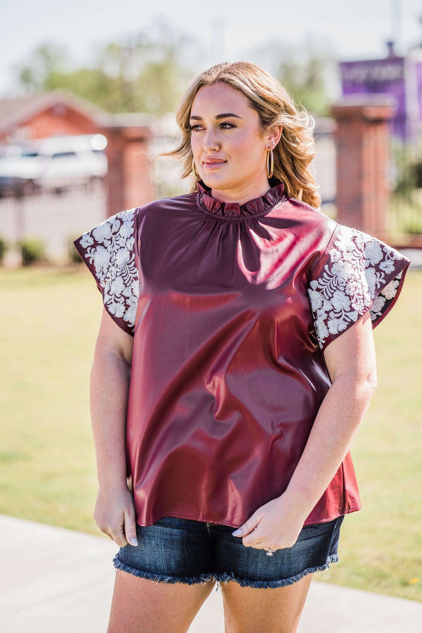 Maroon Leather With Embroidery Sleeves Blouse
