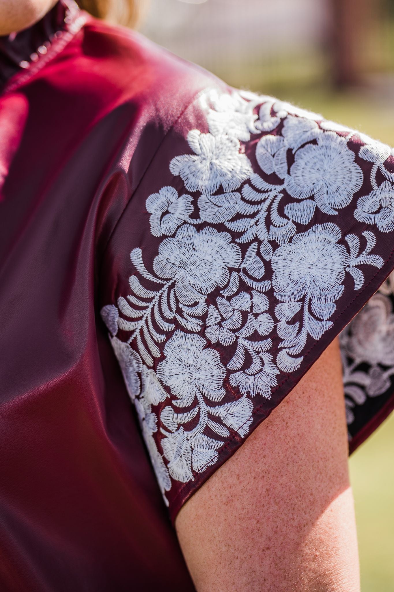 Maroon Leather With Embroidery Sleeves Blouse