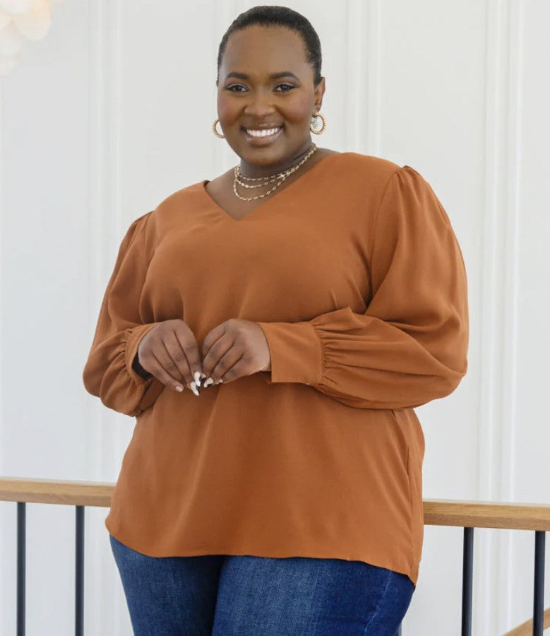 Toffee V-Neck Long Sleeve Blouse