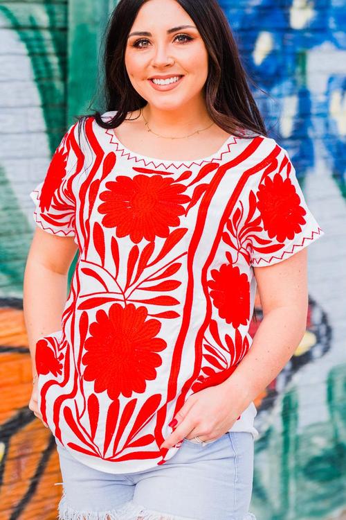 White & Red Dandelion Embroidery Blouse