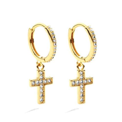 Gold Huggie Dangle Cross earrings