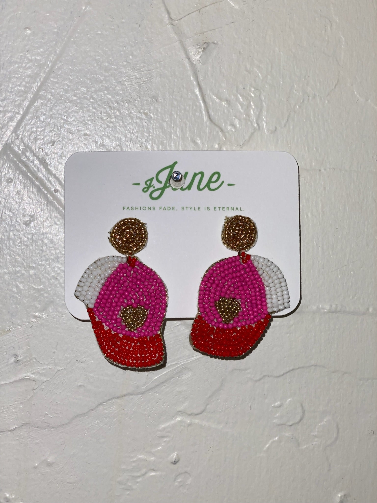 Pink Baseball Cap Beaded Earrings
