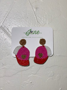 Pink Baseball Cap Beaded Earrings