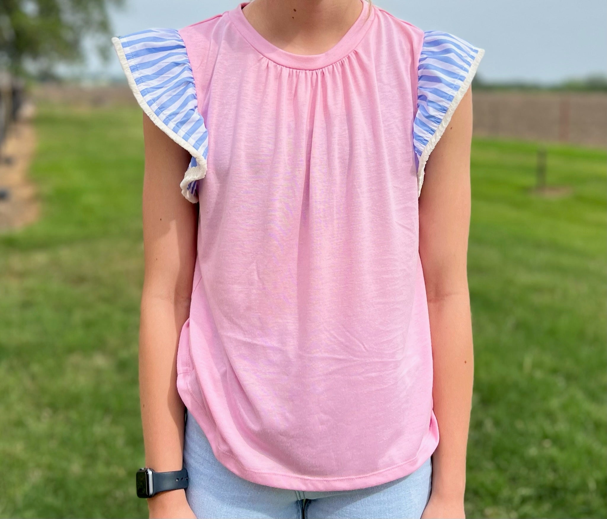 Baby Pink W/ Blue & White Sleeve Blouse